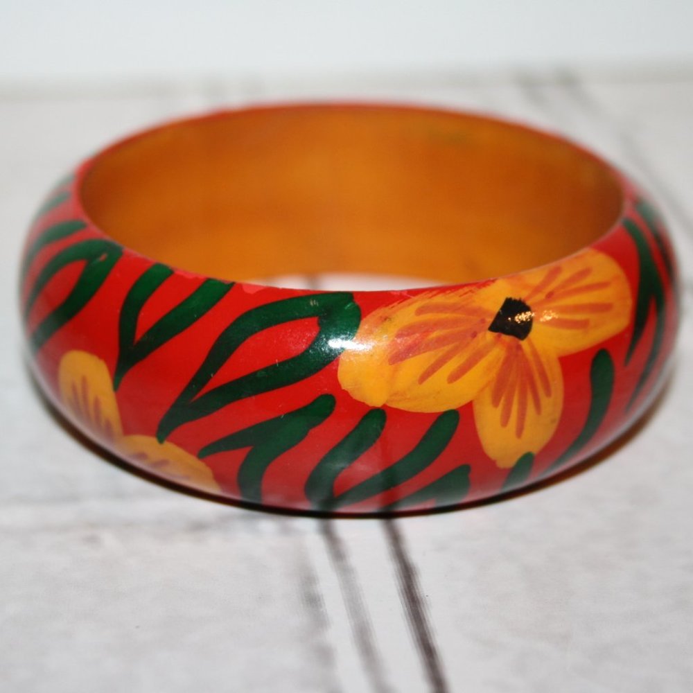 Beautiful orange and red flower wooden bangle bracelet 7"